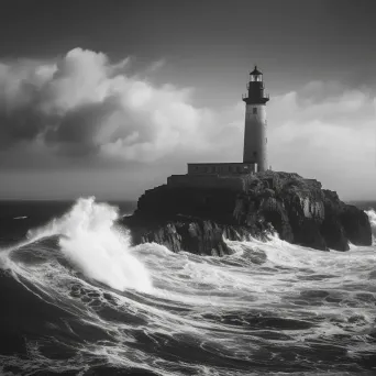 Black and white old lighthouse on rocky coast with crashing waves - Image 3