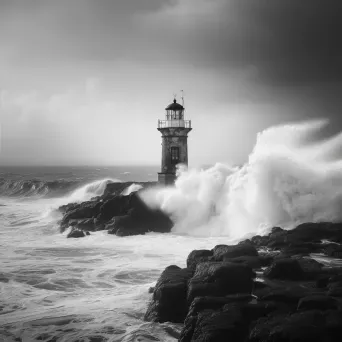 Black and white old lighthouse on rocky coast with crashing waves - Image 4