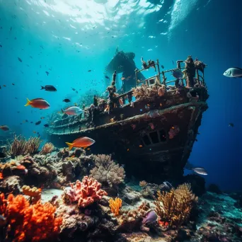 Ancient shipwreck with coral reef and fish underwater - Image 1