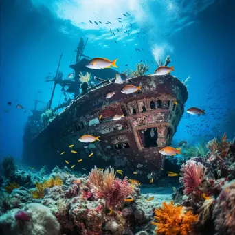 Ancient shipwreck with coral reef and fish underwater - Image 2