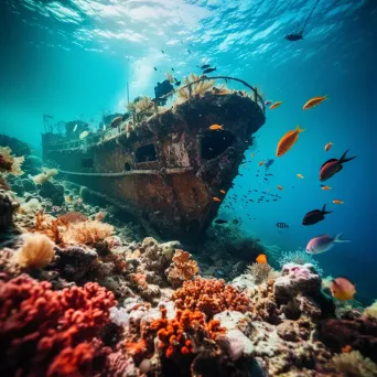 Ancient shipwreck with coral reef and fish underwater - Image 3