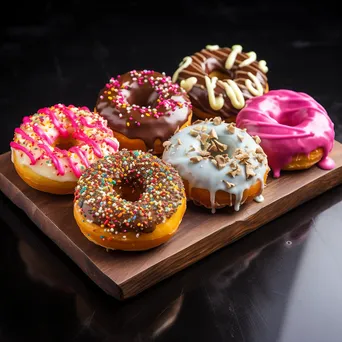 Variety of gourmet donuts on slate board - Image 1