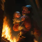 Firefighter saving child from fire in image prompt - Image 1