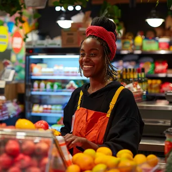 Grocery cashier processing purchases with colorful items on the counter. - Image 1