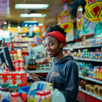 Grocery cashier processing purchases with colorful items on the counter. - Image 4