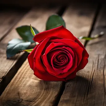 Single red rose placed at the center of a rustic wooden table - Image 1