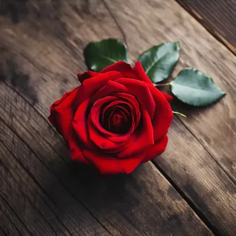 Single red rose placed at the center of a rustic wooden table - Image 4