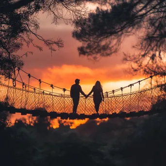 Couple on Rope Bridge at Sunset