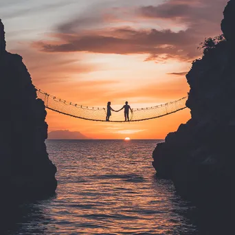 Couple on a rope bridge during sunset - Image 2