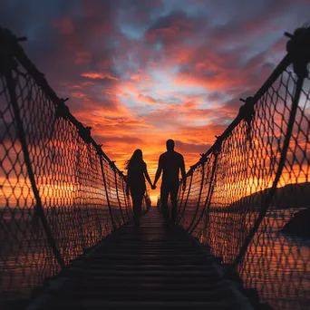 Couple on a rope bridge during sunset - Image 3