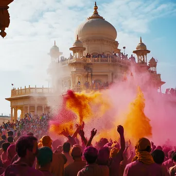 Participants celebrating Holi by throwing colored powders at each other. - Image 1