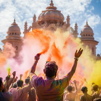 Participants celebrating Holi by throwing colored powders at each other. - Image 3