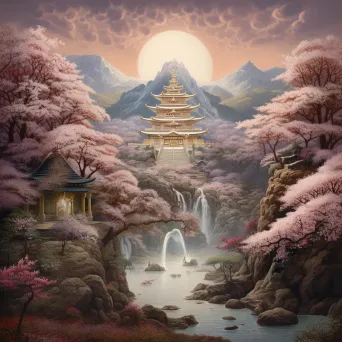 Pastel art of a sacred temple nestled in a valley filled with blossoms - Image 1