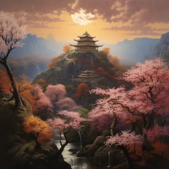 Pastel art of a sacred temple nestled in a valley filled with blossoms - Image 2