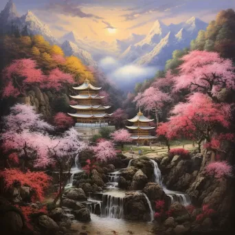 Pastel art of a sacred temple nestled in a valley filled with blossoms - Image 3