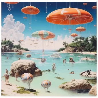 Image of a retro-futuristic beach scene with floating parasols and submarine-like sea creatures - Image 3