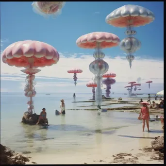 Image of a retro-futuristic beach scene with floating parasols and submarine-like sea creatures - Image 4