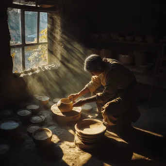 Artisan shaping a clay pot with drying pieces around - Image 2