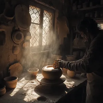 Artisan shaping a clay pot with drying pieces around - Image 3