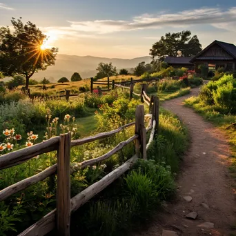 Traditional herb garden with winding paths and wildflowers in morning light - Image 1