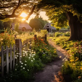 Traditional herb garden with winding paths and wildflowers in morning light - Image 4