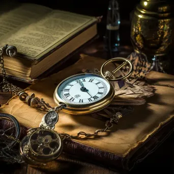 Antique pocket watch, vintage spectacles, and quill pen on a wooden table - Image 1