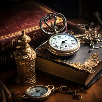 Antique pocket watch, vintage spectacles, and quill pen on a wooden table - Image 3