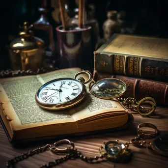 Antique pocket watch, vintage spectacles, and quill pen on a wooden table - Image 4