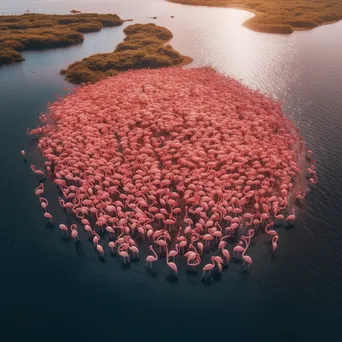 Aerial view of a herd of flamingos in a lagoon. - Image 1