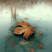 Autumn leaf on freezing pond surface - Image 2