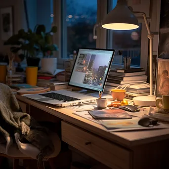 Home office desk with laptop and lamp in evening light - Image 2