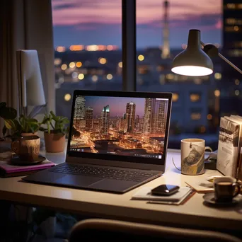 Home office desk with laptop and lamp in evening light - Image 4