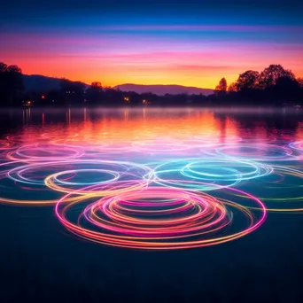 Light painting of geometric shapes over a lake during twilight. - Image 1