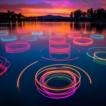 Light painting of geometric shapes over a lake during twilight. - Image 2