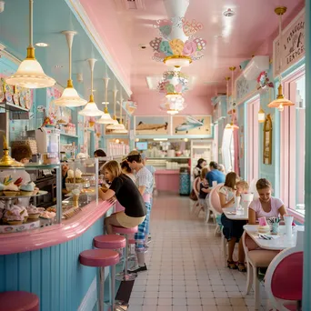 Interior of an ice cream parlor with families enjoying ice cream under bright lighting - Image 1