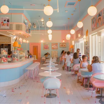 Interior of an ice cream parlor with families enjoying ice cream under bright lighting - Image 3