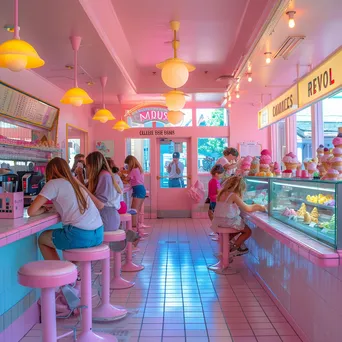 Interior of an ice cream parlor with families enjoying ice cream under bright lighting - Image 4