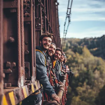 Friends preparing for bungee jump off bridge - Image 2