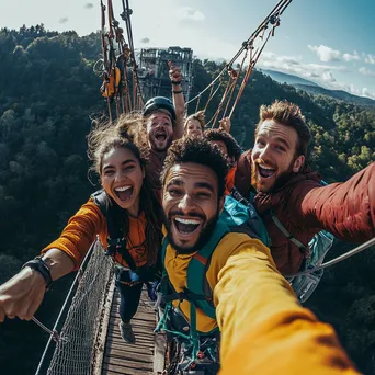 Friends preparing for bungee jump off bridge - Image 3