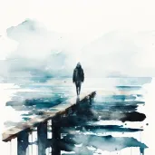 Lone figure standing at the end of a pier, gazing into a calm, infinite sea in an image generated by a prompt. - Image 2