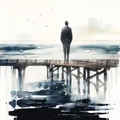 Lone figure standing at the end of a pier, gazing into a calm, infinite sea in an image generated by a prompt. - Image 4