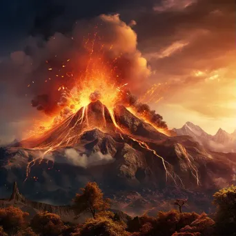 Illustration of a volcanic eruption with molten lava flowing down the mountain slopes. - Image 1