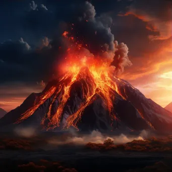 Illustration of a volcanic eruption with molten lava flowing down the mountain slopes. - Image 3