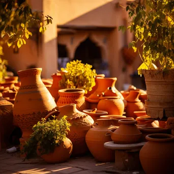 Clay pottery drying on a terrace during sunset - Image 1