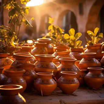 Clay pottery drying on a terrace during sunset - Image 3