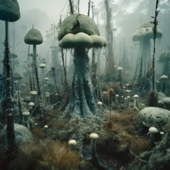 Depiction of alien landscapes of mold spores with rising fungal towers and spires. - Image 2