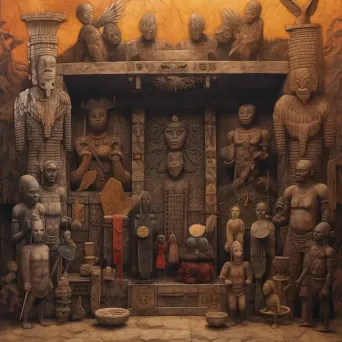 Image of a Yoruba shrine adorned with sacred wooden figures and artifacts - Image 4