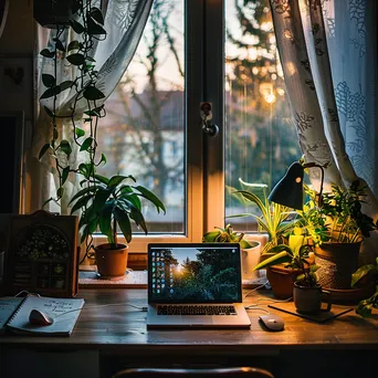 A cozy home office with plants and a laptop in natural light - Image 1