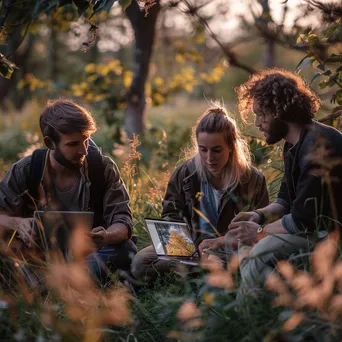 Colleagues working outdoors together using a laptop and tablet - Image 3