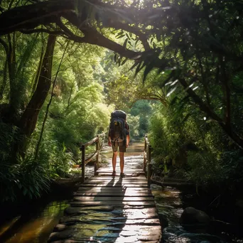 A backpacker crossing a wooden bridge over a stream - Image 1